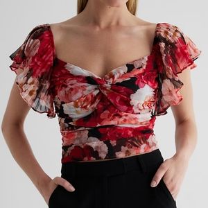 Express Floral Sweetheart Neckline Flutter Sleeve Top
